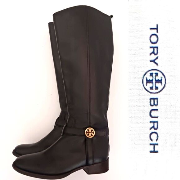 Tory Burch Bristol Blk Leather Riding Boot Gold Logo Harness Wrap w  Dustbag 7M - Picture 1 of 16